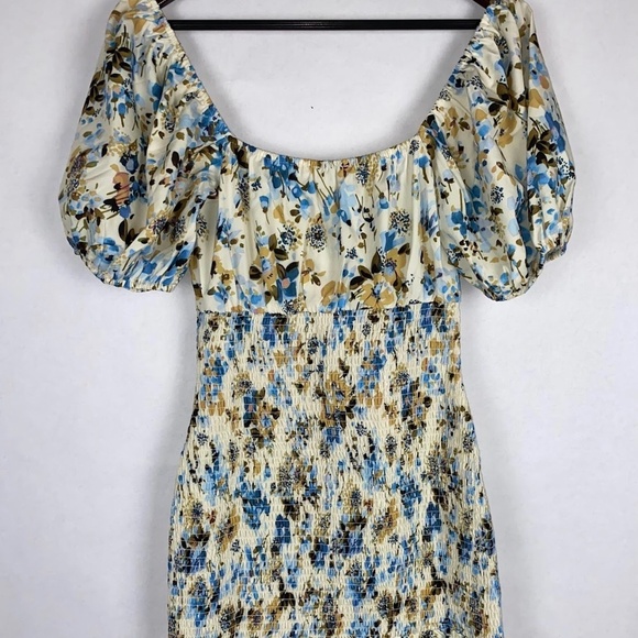 NWOT NSR Puff Sleeve Smocked Butter Cream Blue Gold Floral Mini Dress Small NEW - Picture 5 of 7